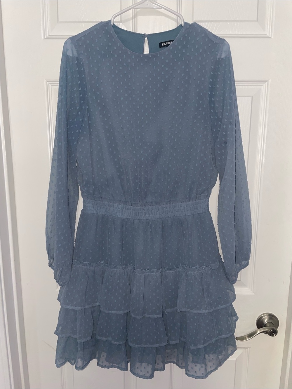 Express Dusty Blue Tiered Ruffle Long-Sleeve Dress (Small)